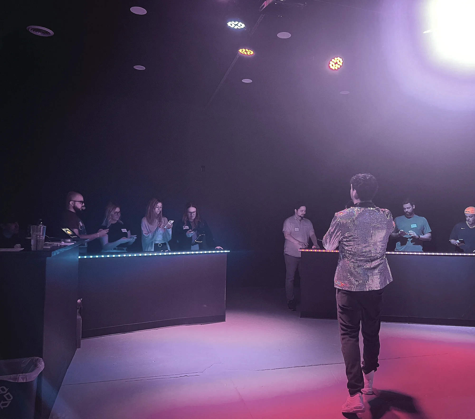 Wide view of the game show arena in action